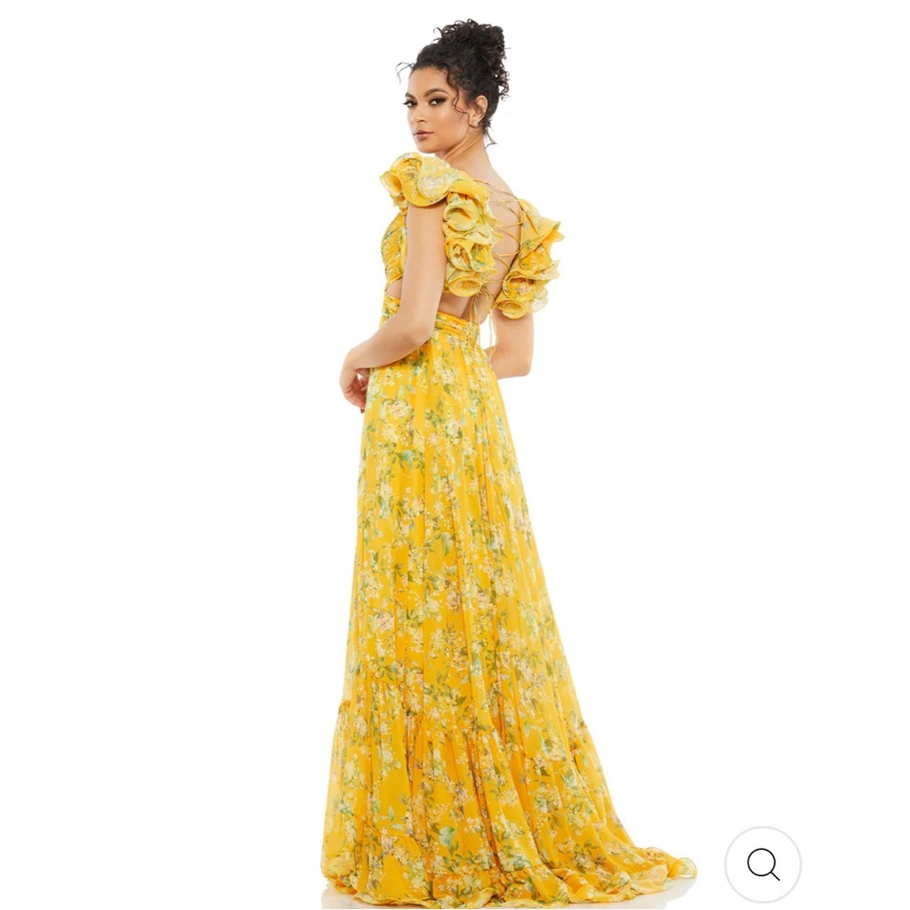 MAC DUGGAL YELLOW RUFFLE TIERED FLORAL CUT-OUT CHIFFON GOWN